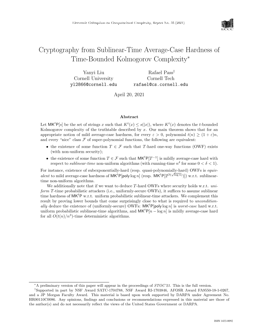 Cryptography from Sublinear-Time Average-Case Hardness of Time-Bounded Kolmogorov Complexity∗