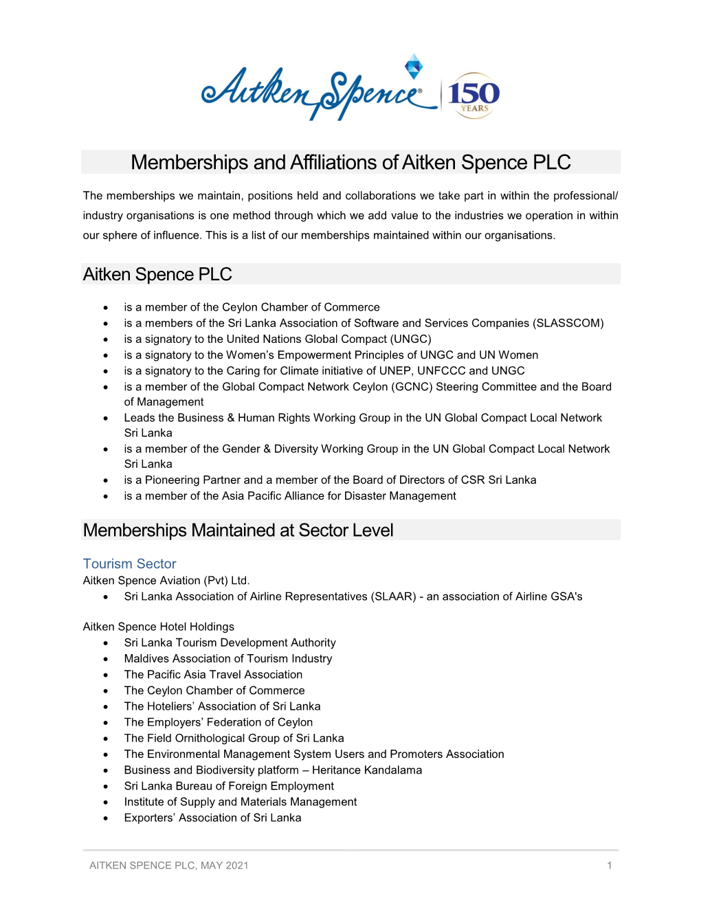 Memberships and Affiliations of Aitken Spence PLC