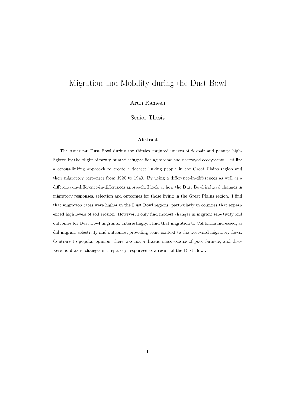 Migration and Mobility During the Dust Bowl