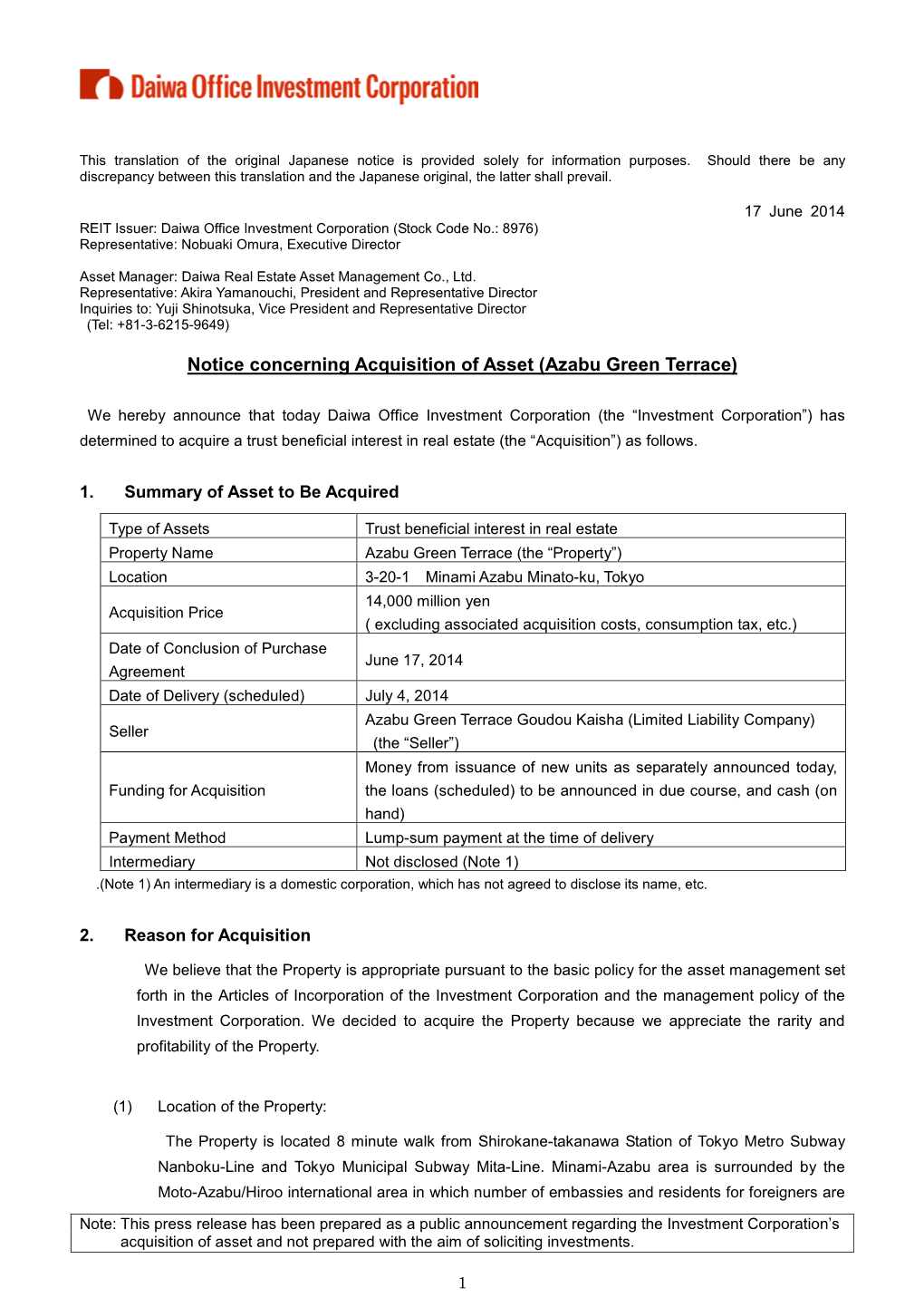 Notice Concerning Acquisition of Asset (Azabu Green Terrace)(PDF:420.4