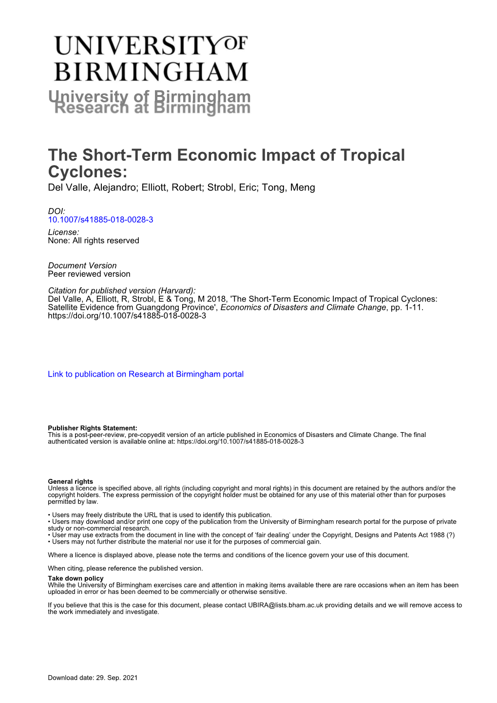 University of Birmingham the Short-Term Economic