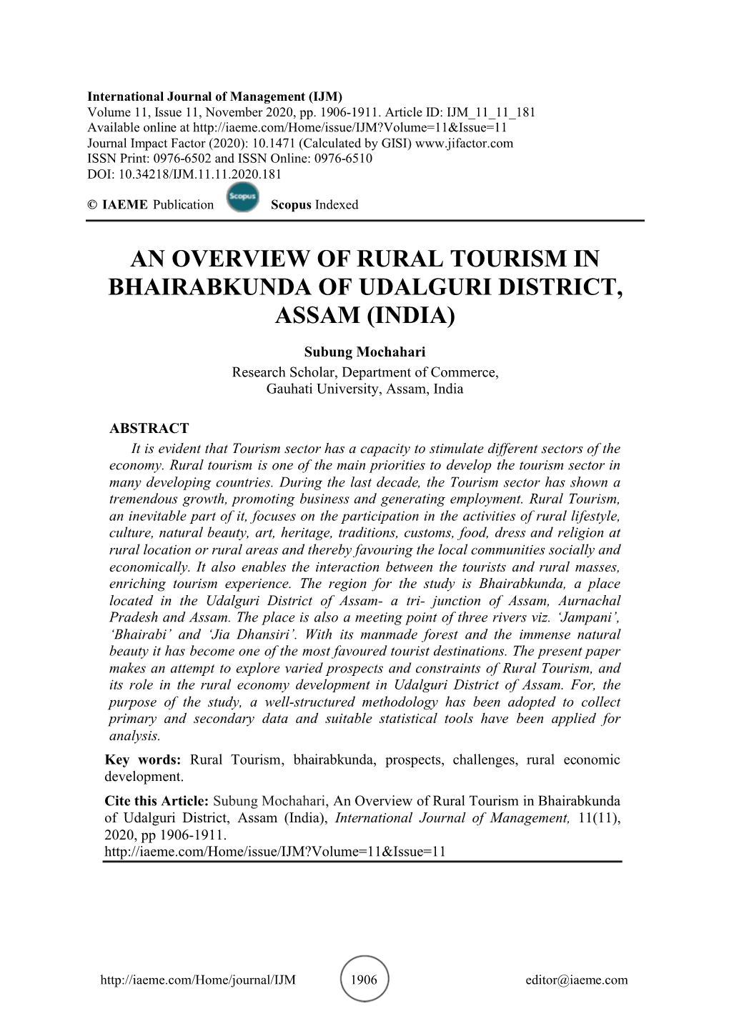An Overview of Rural Tourism in Bhairabkunda of Udalguri District, Assam (India)