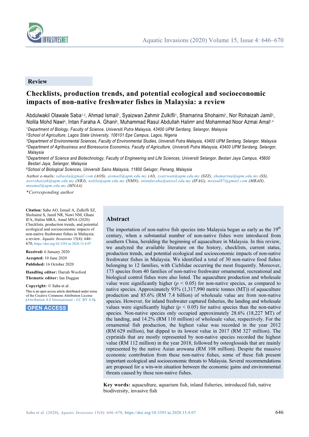 Checklists, Production Trends, and Potential Ecological and Socioeconomic Impacts of Non-Native Freshwater Fishes in Malaysia: a Review