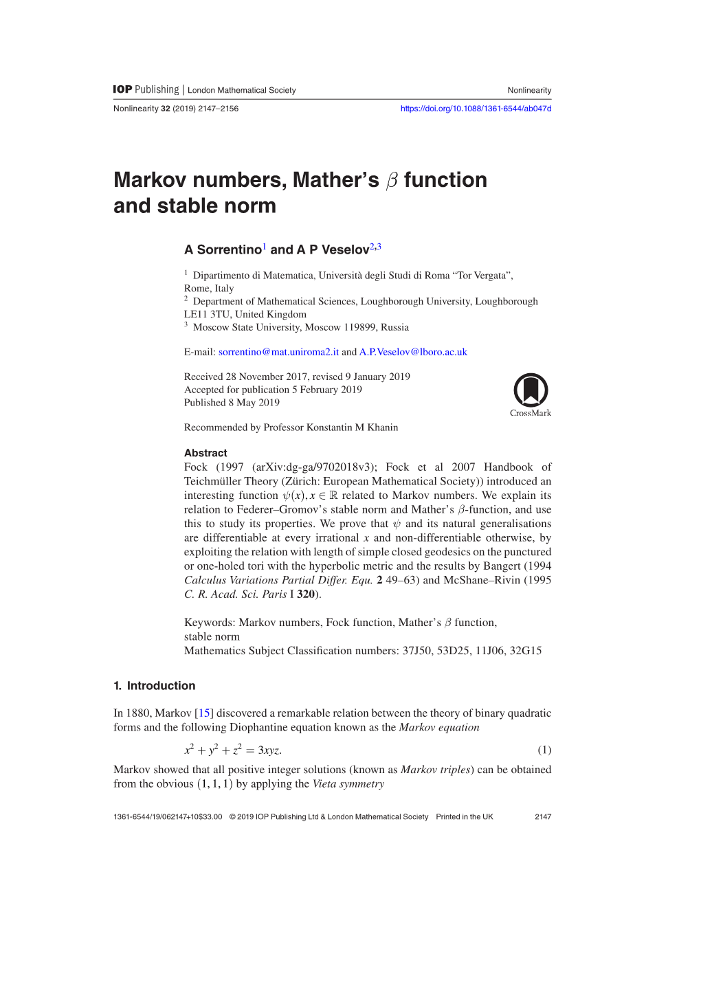 Markov Numbers, Mather's Β Function and Stable Norm