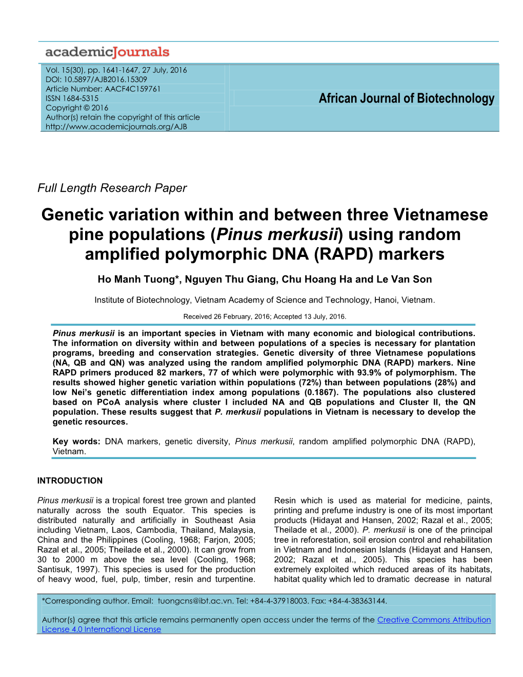 (Pinus Merkusii) Using Random Amplified Polymorphic DNA (RAPD) Markers