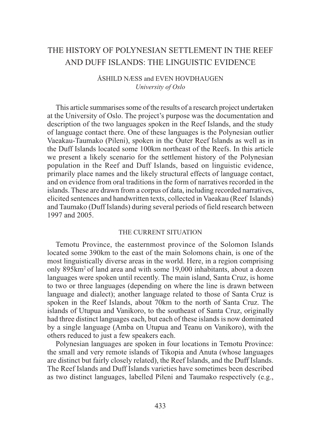 The History of Polynesian Settlement in the Reef and Duff Islands: the Linguistic Evidence