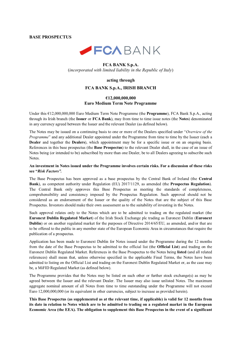 Base Prospectus FCA Bank Operates in Poland Through FCA Bank S.P.A., Polish Branch