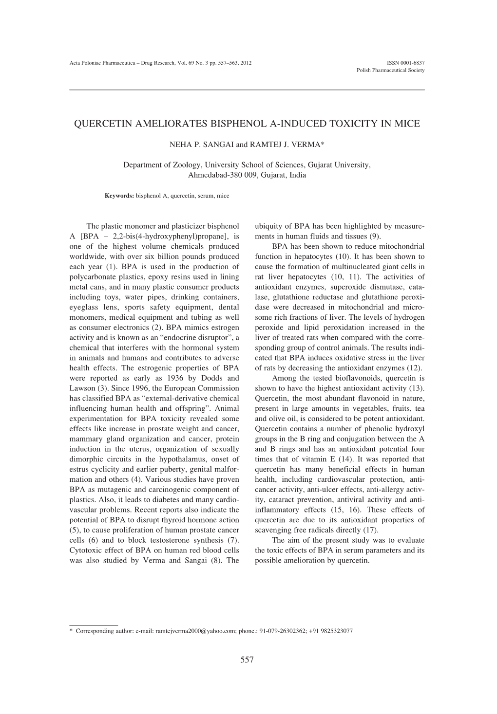 Quercetin Ameliorates Bisphenol A-Induced Toxicity in Mice