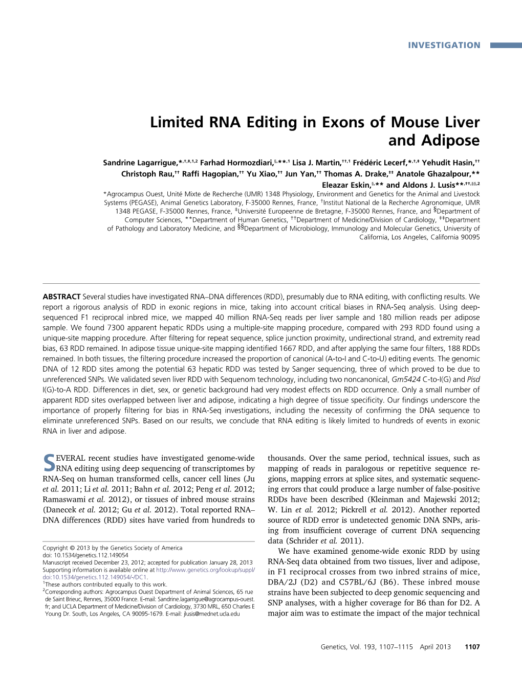 Limited RNA Editing in Exons of Mouse Liver and Adipose