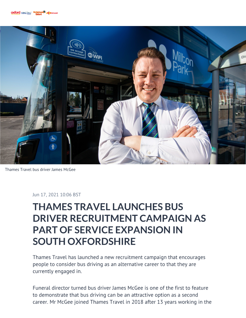 Thames Travel Launches Bus Driver Recruitment Campaign As Part of Service Expansion in South Oxfordshire