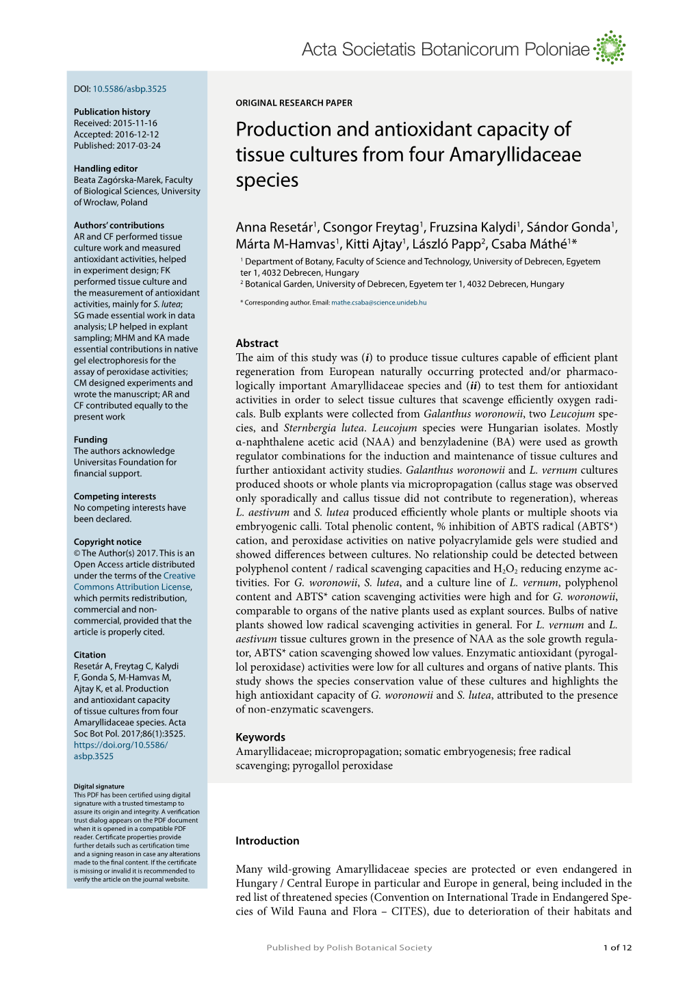 Production and Antioxidant Capacity of Tissue Cultures from Four