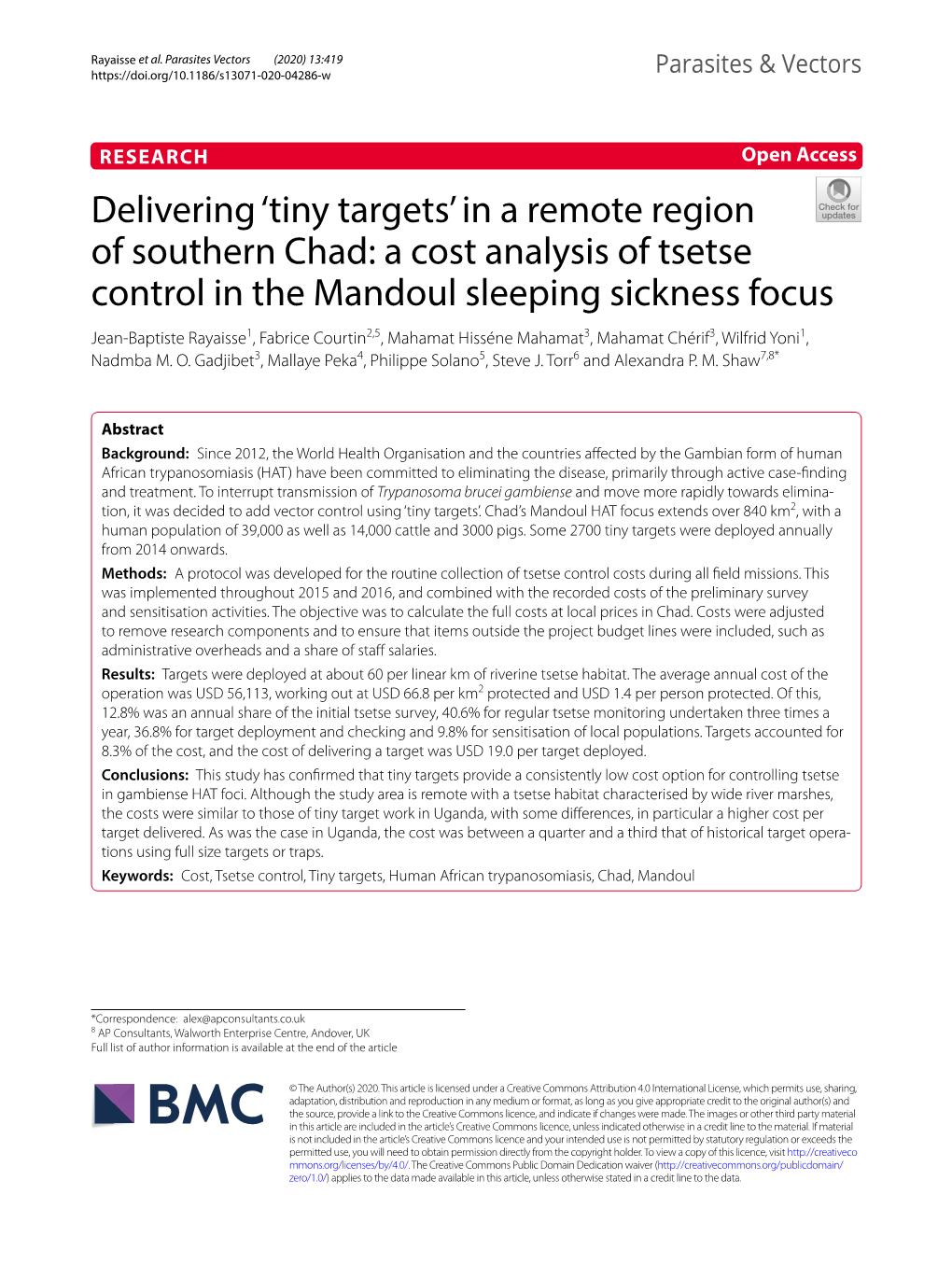 'Tiny Targets' in a Remote Region of Southern Chad: a Cost Analysis of Tsetse Control in the Mandoul Sleeping