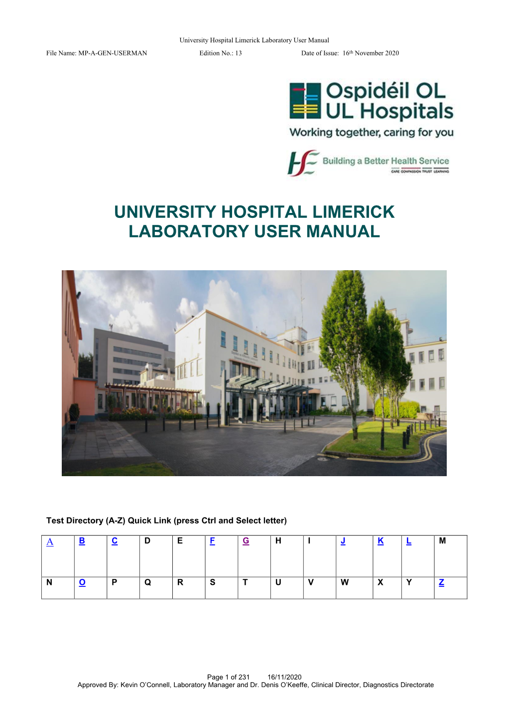 University Hospital Limerick Laboratory User Manual, Edition 13