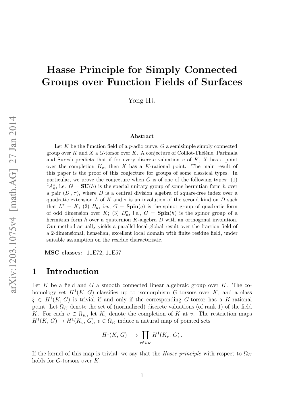 Hasse Principle for Simply Connected Groups Over Function Fields Of