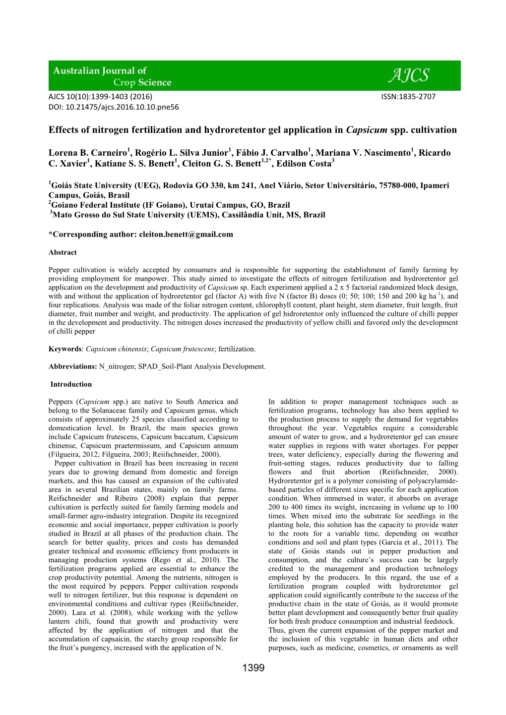 1399 Effects of Nitrogen Fertilization and Hydroretentor Gel Application in Capsicum Spp. Cultivation