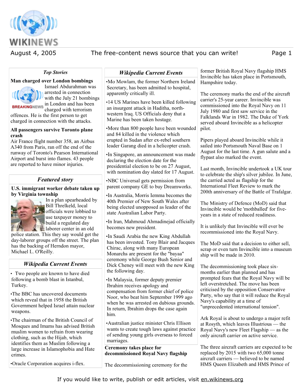 August 4, 2005 the Free-Content News Source That You Can Write! Page 1