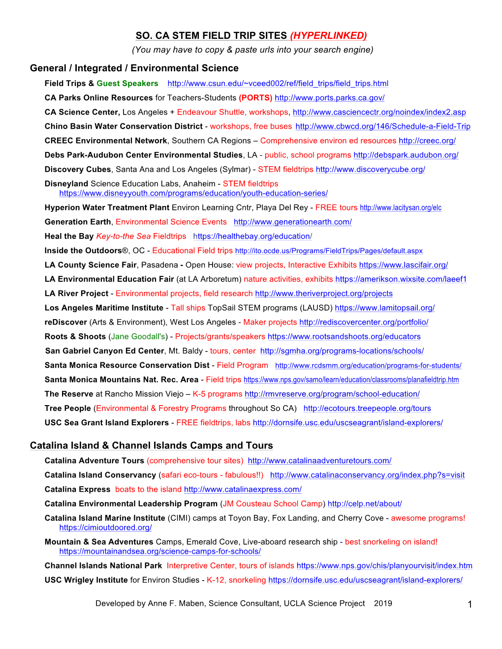 1 So. Ca Stem Field Trip Sites (Hyperlinked)