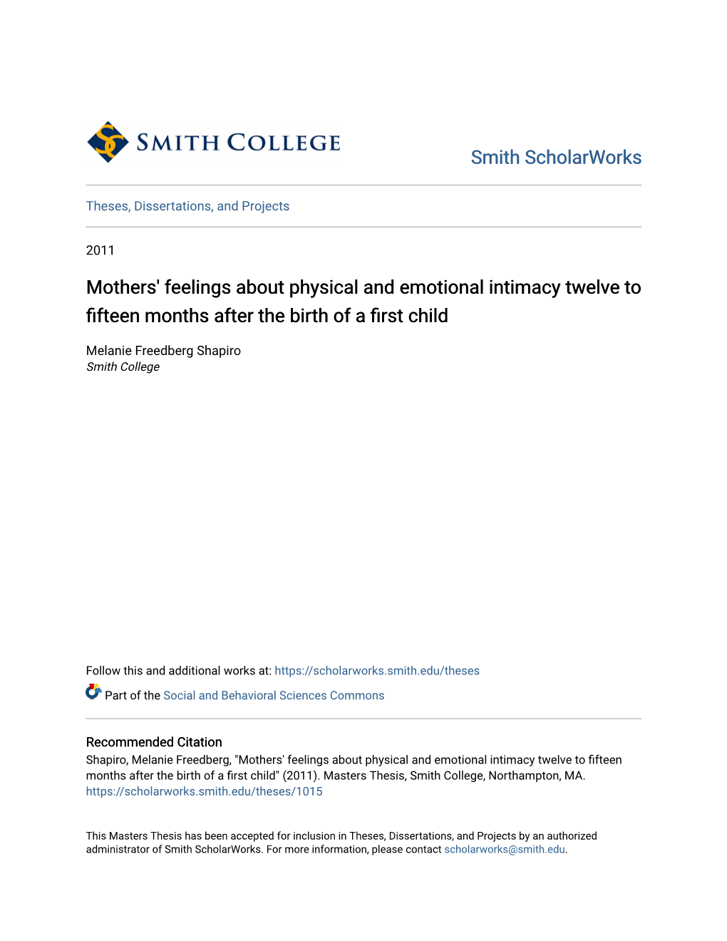 Mothers' Feelings About Physical and Emotional Intimacy Twelve to Fifteen Months After the Birth of a First Child