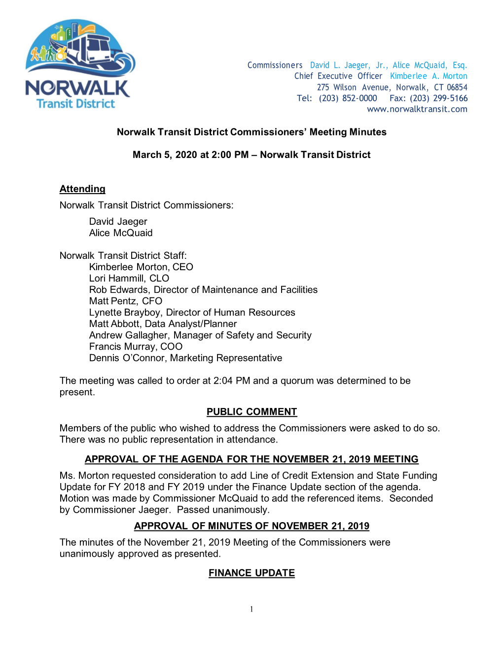 Norwalk Transit District Commissioners' Meeting Minutes