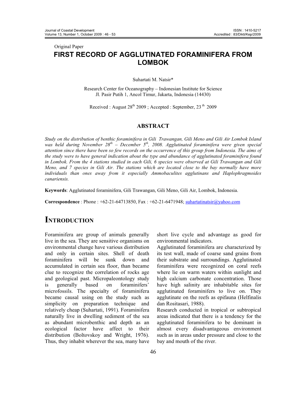 First Record of Agglutinated Foraminifera from Lombok