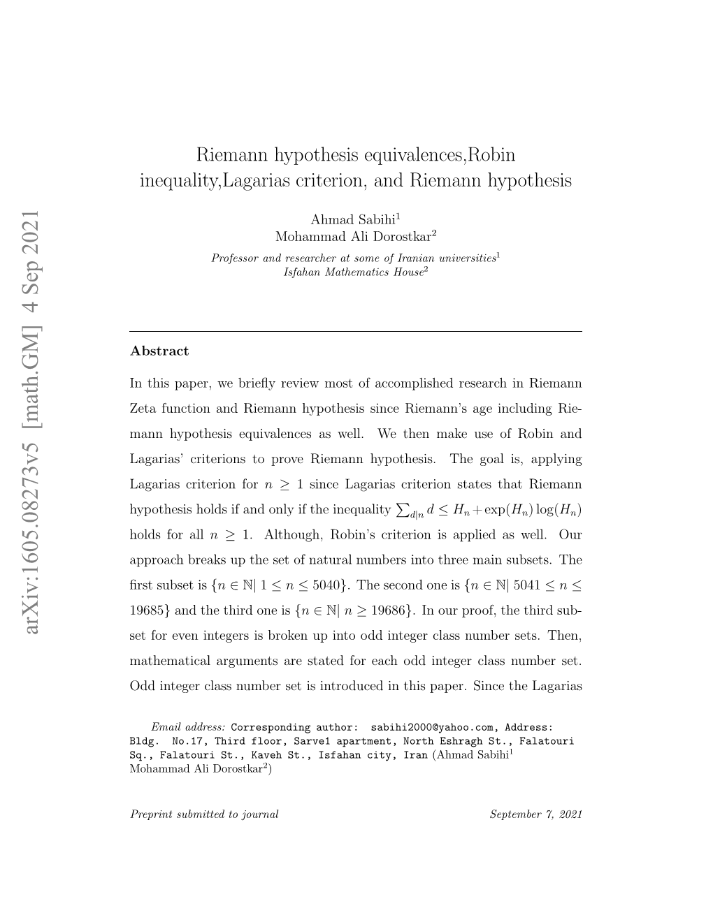 Riemann Hypothesis Equivalences,Robin Inequality