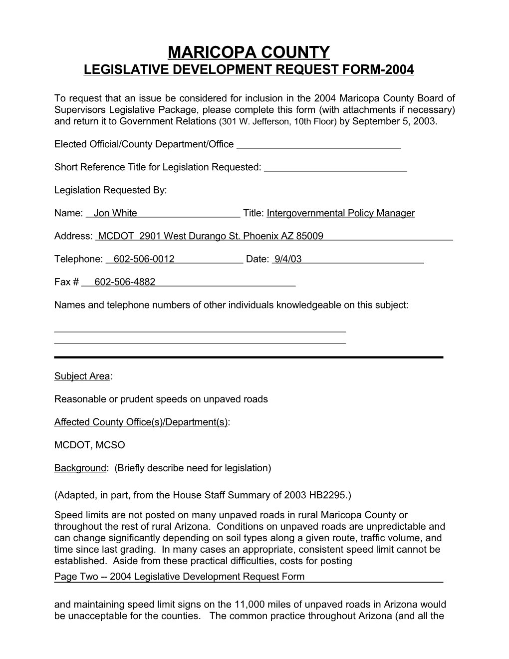 Legislative Development Request Form-2004