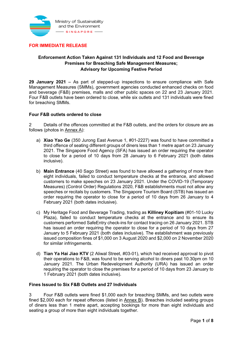 Enforcement Action Taken Against 131 Individuals and 12 Food and Beverage Premises for Breaching Safe Management Measures; Advisory for Upcoming Festive Period