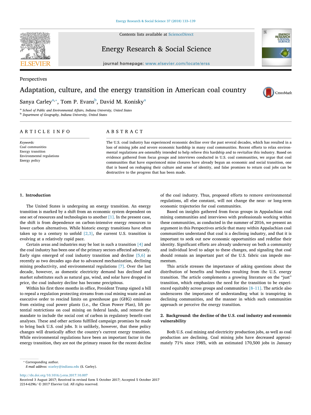 Adaptation, Culture, and the Energy Transition in American Coal Country MARK ⁎ Sanya Carleya, , Tom P