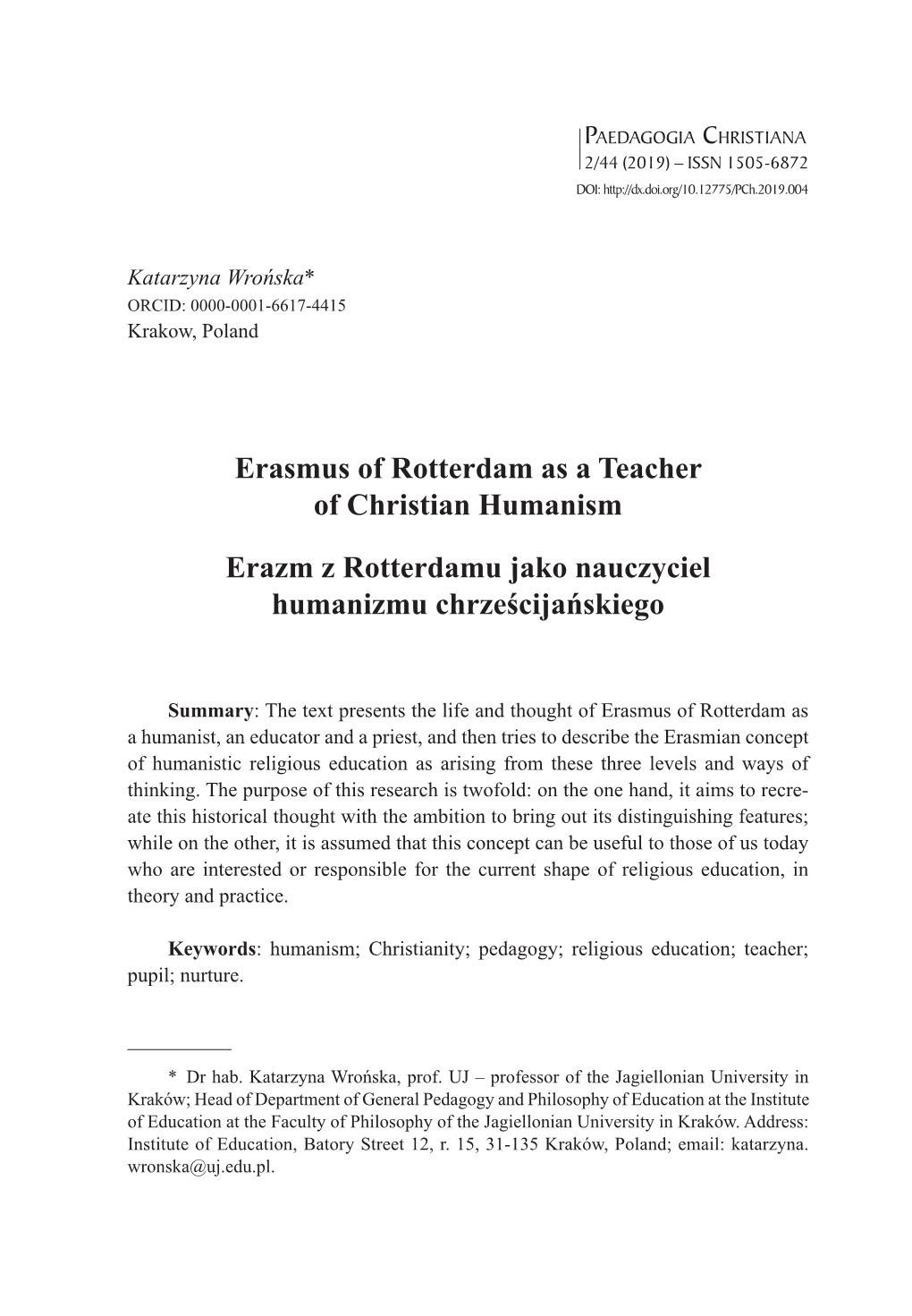 Erasmus of Rotterdam As a Teacher of Christian Humanism