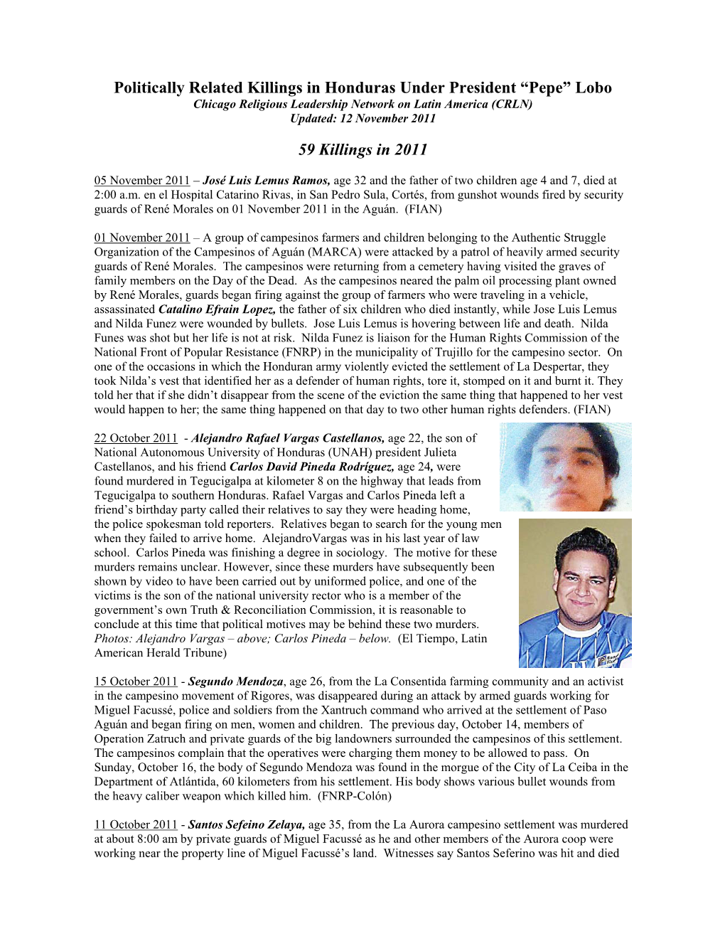 Additional Assassinations in Honduras in 2010 & 2011