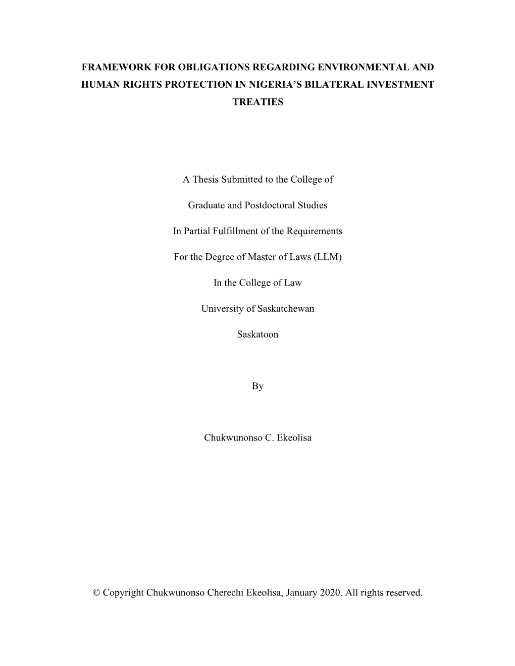 Framework for Obligations Regarding Environmental and Human Rights Protection in Nigeria’S Bilateral Investment Treaties