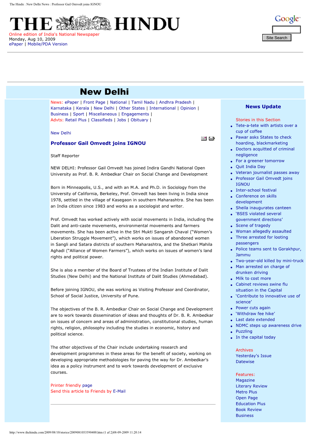 The Hindu : New Delhi News : Professor Gail Omvedt Joins IGNOU