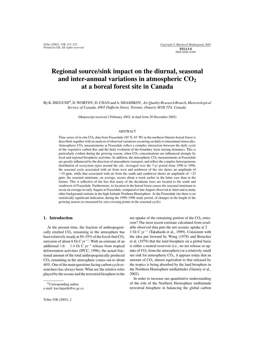 Regional Source/Sink Impact on the Diurnal, Seasonal and Inter-Annual Variations in Atmospheric CO2 at a Boreal Forest Site in Canada