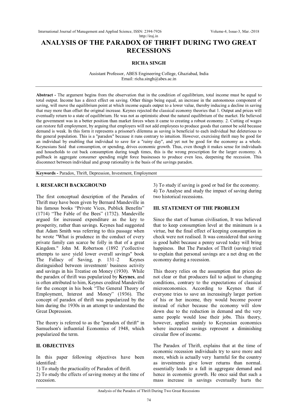 Analysis of the Paradox of Thrift During Two Great Recessions