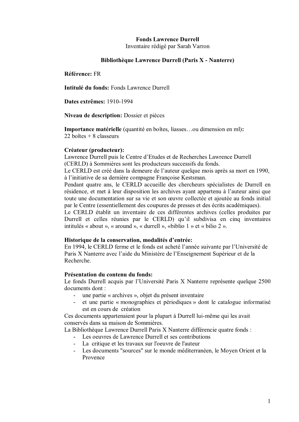 1 Fonds Lawrence Durrell Inventaire Rédigé Par Sarah Varron
