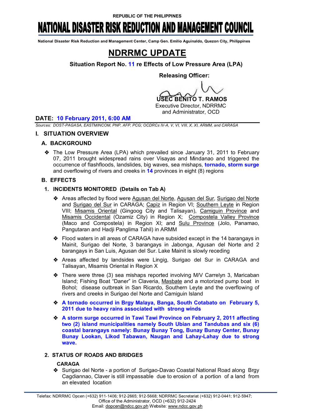 NDRRMC Update Sitrep No. 11 LPA 10 Feb 2011