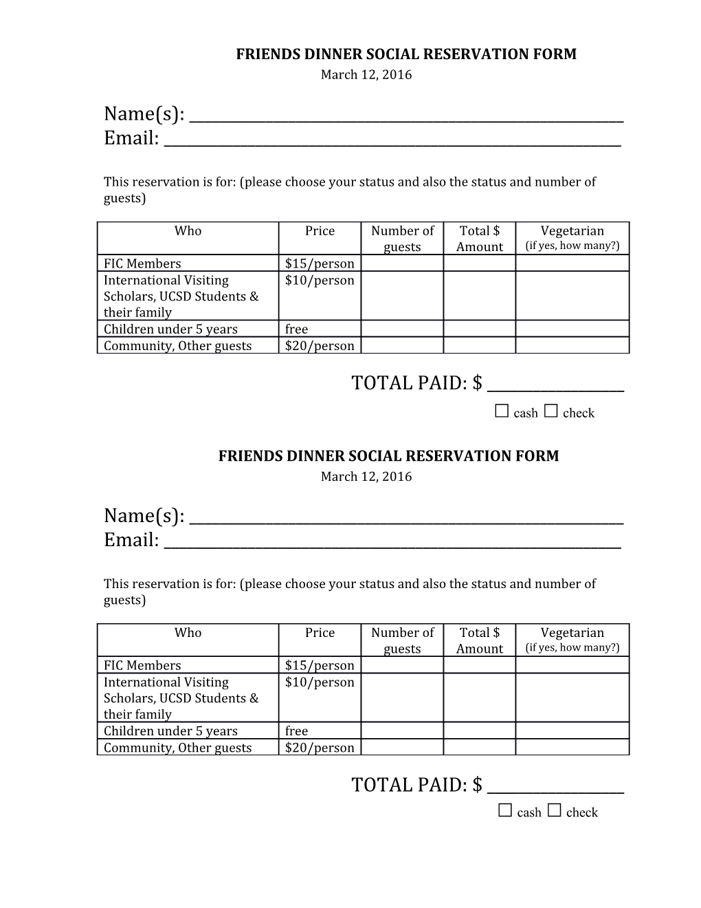 Friends Dinner Social Reservation Form