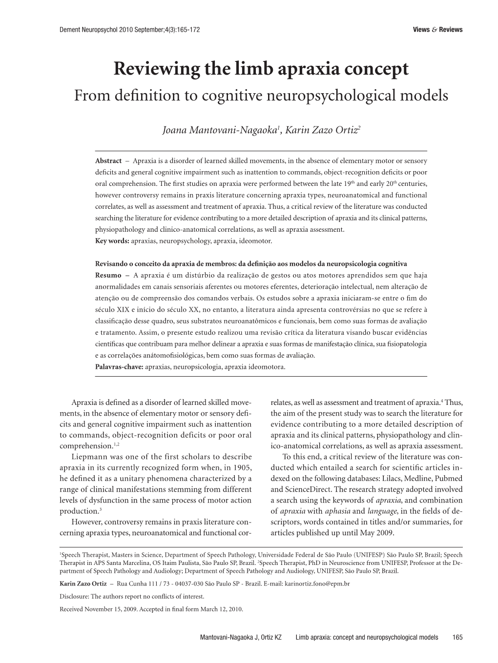 Reviewing the Limb Apraxia Concept from Definition to Cognitive Neuropsychological Models