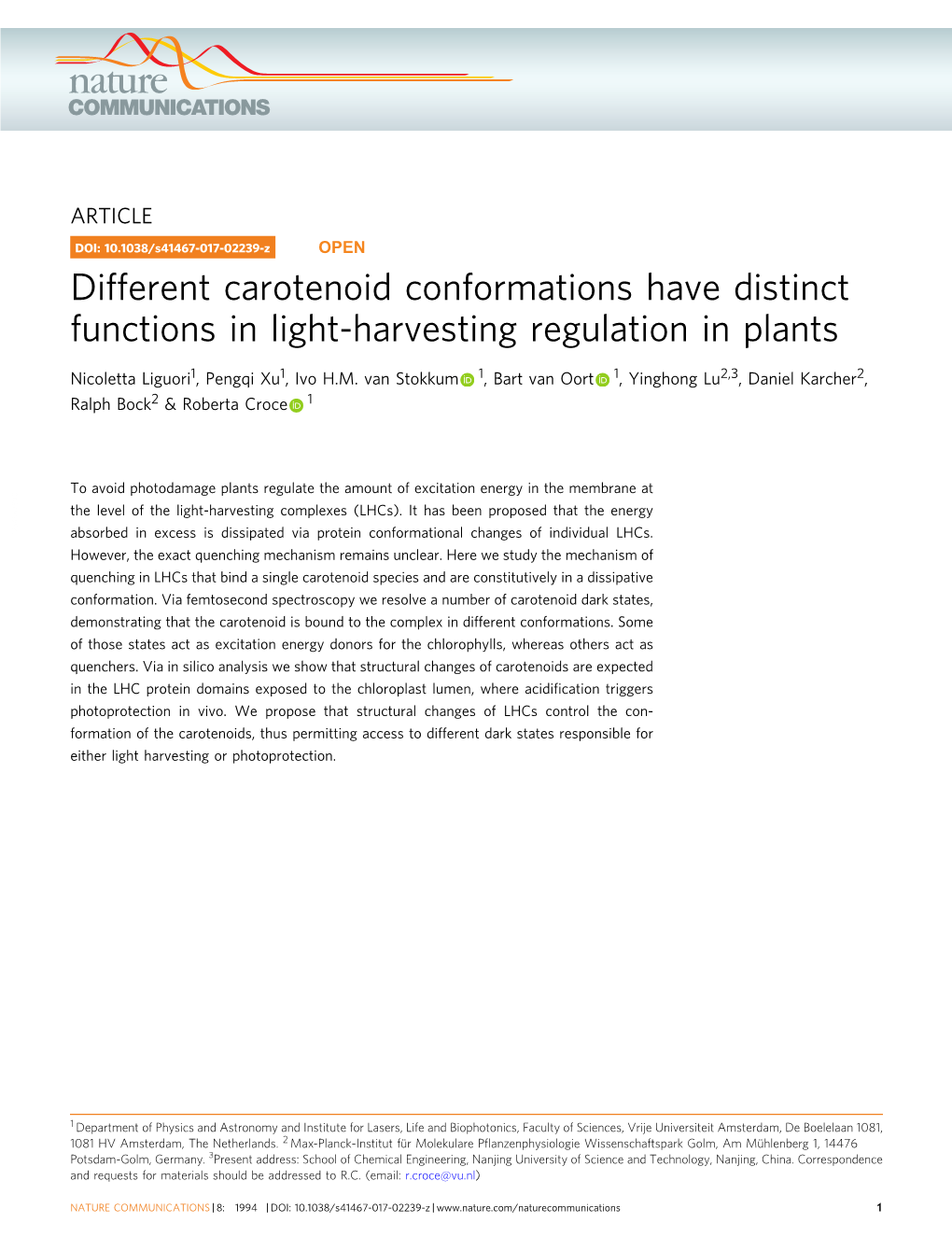 Different Carotenoid Conformations Have Distinct Functions in Light-Harvesting Regulation in Plants