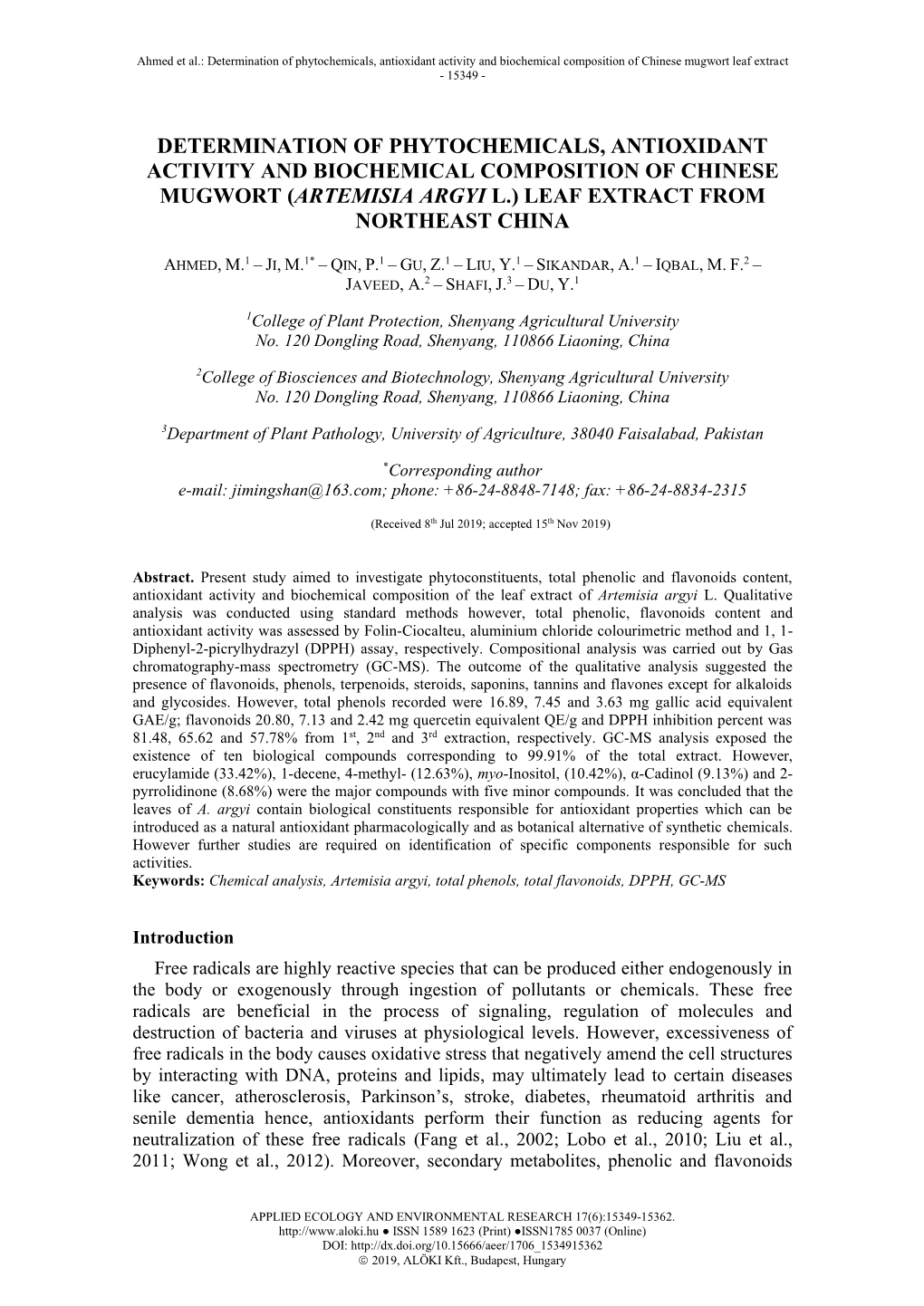 (Artemisia Argyi L.) Leaf Extract from Northeast China