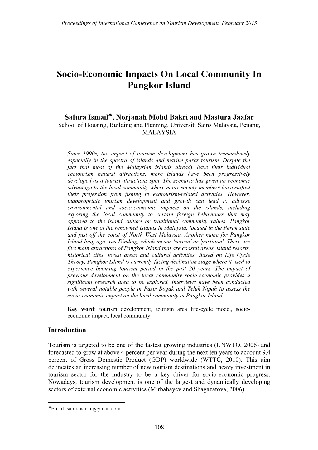 Socio-Economic Impacts on Local Community in Pangkor Island