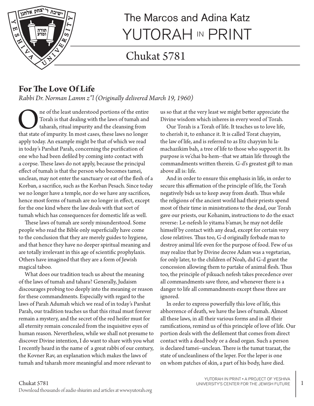 YUTORAH in PRINT Chukat 5781