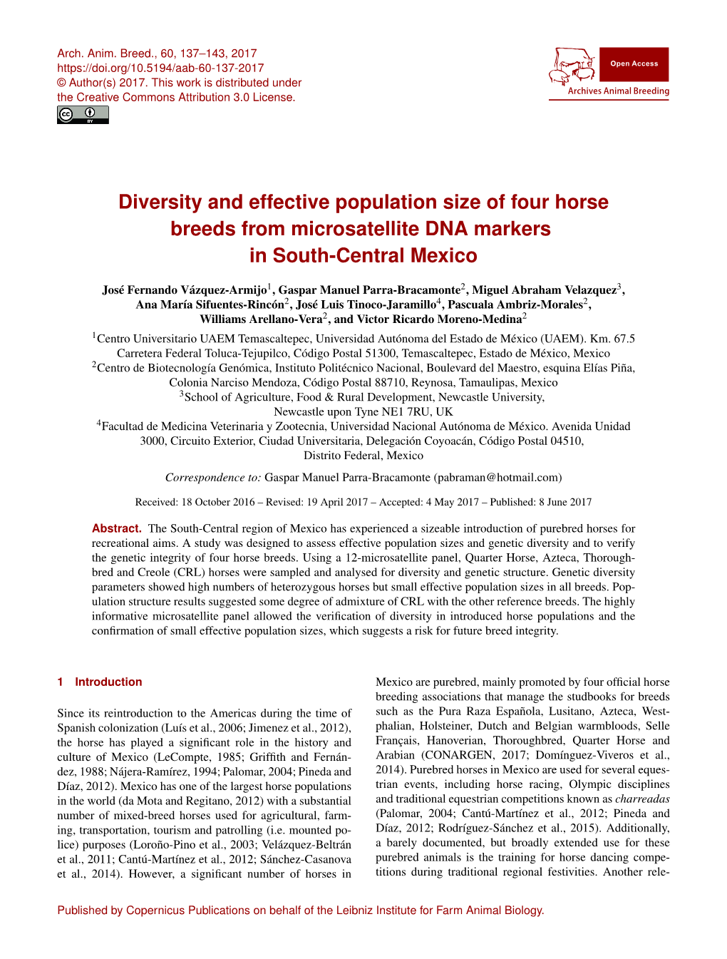 Diversity and Effective Population Size of Four Horse Breeds from Microsatellite DNA Markers in South-Central Mexico