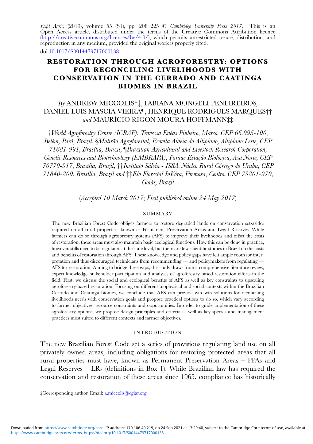 Restoration Through Agroforestry: Options for Reconciling Livelihoods with Conservation in the Cerrado and Caatinga Biomes in Brazil