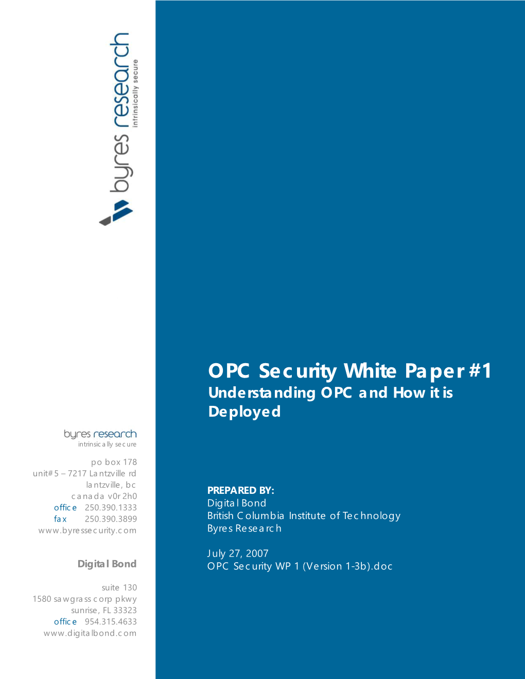 OPC Security White Paper #1 Understanding OPC and How It Is Deployed