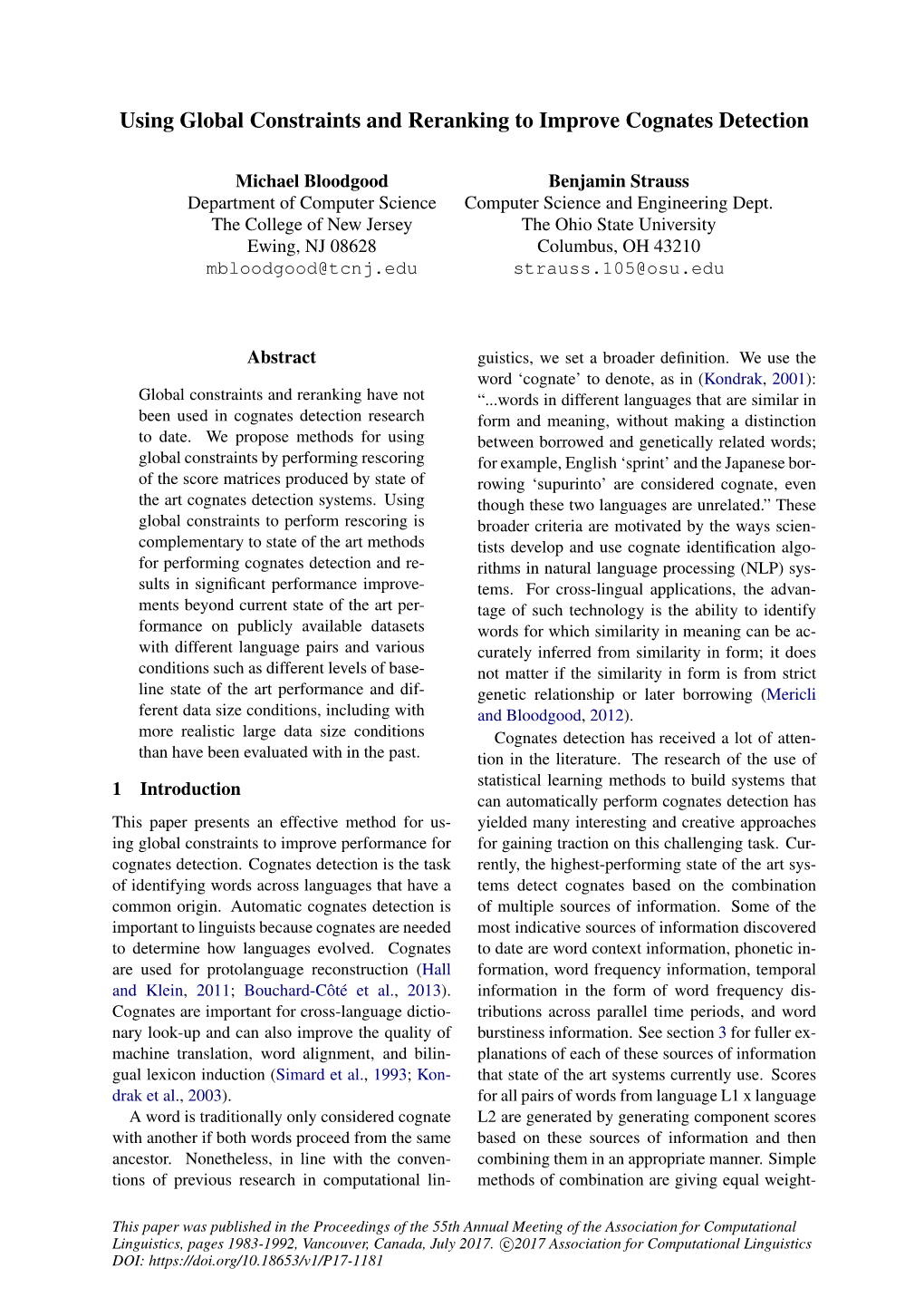 Using Global Constraints and Reranking to Improve Cognates Detection