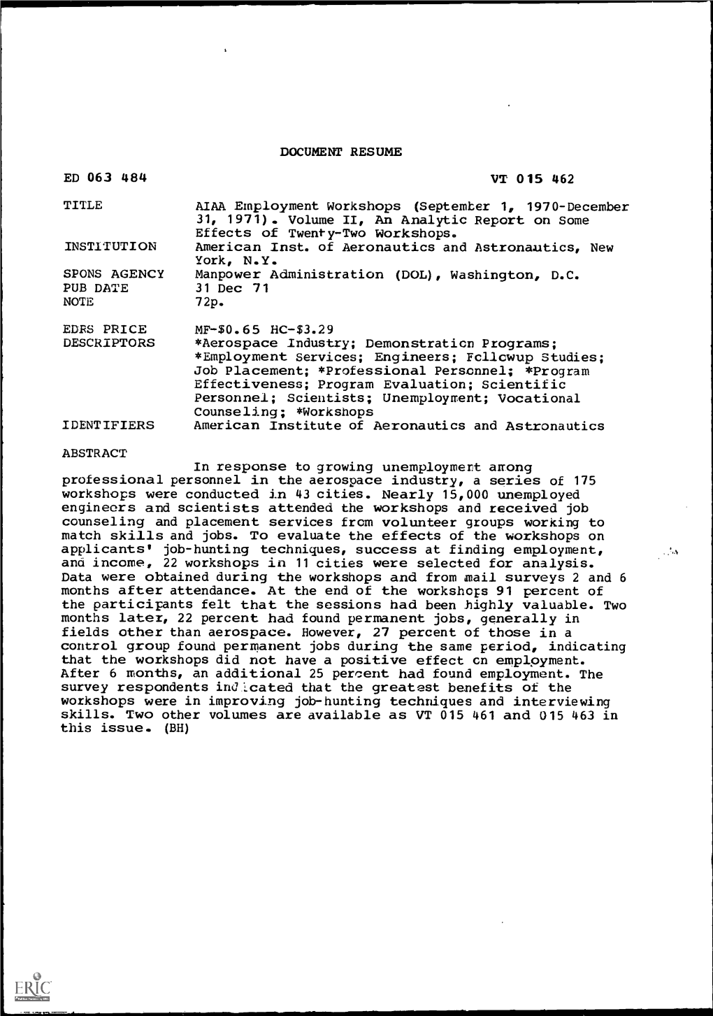 AIAA Employment Workshops (September 1, 1970-December 31