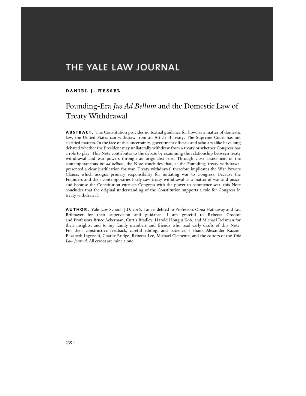 Founding-Era Jus Ad Bellum and the Domestic Law of Treaty Withdrawal Abstract