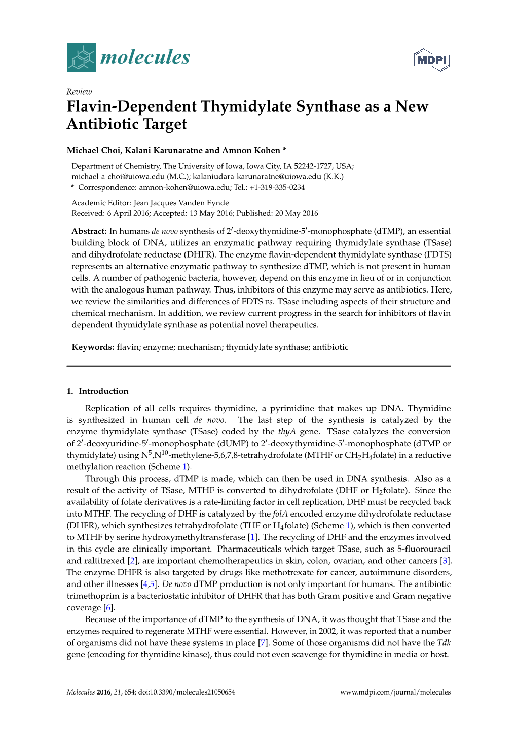 Flavin-Dependent Thymidylate Synthase As a New Antibiotic Target