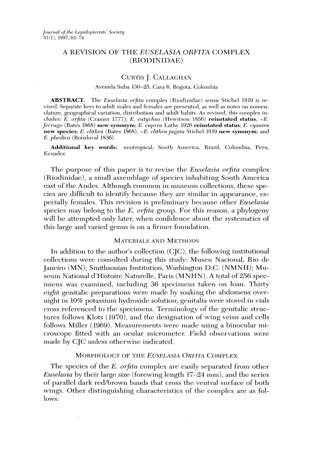 A Revision of the Euselasia Orfita Complex (Riodinidae)